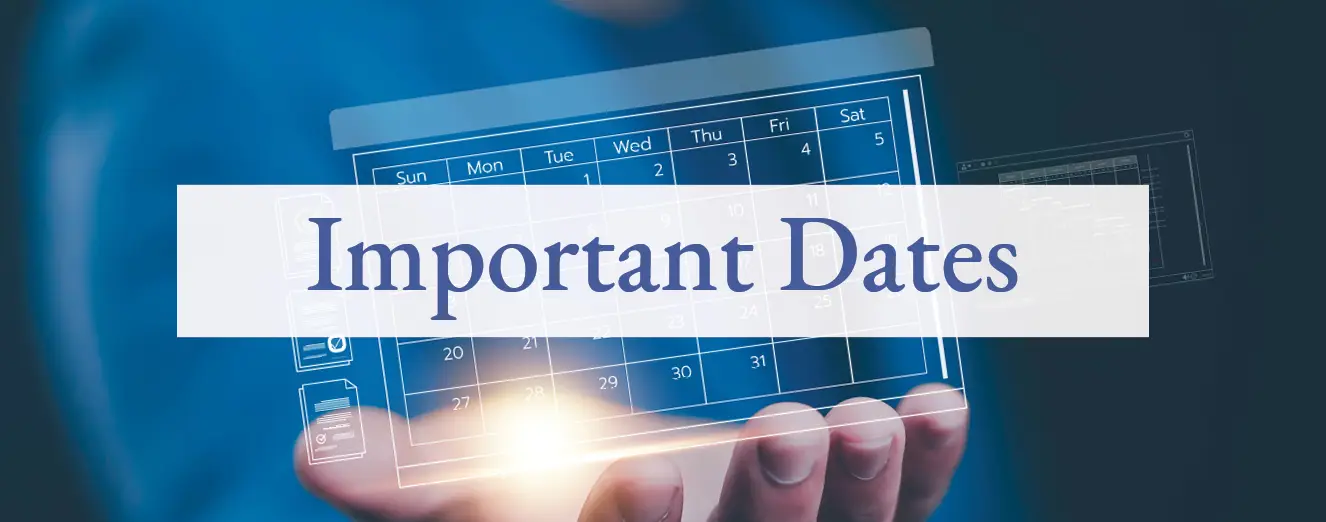 Important dates , including holidays and significant events, displayed in a clear, organized format.